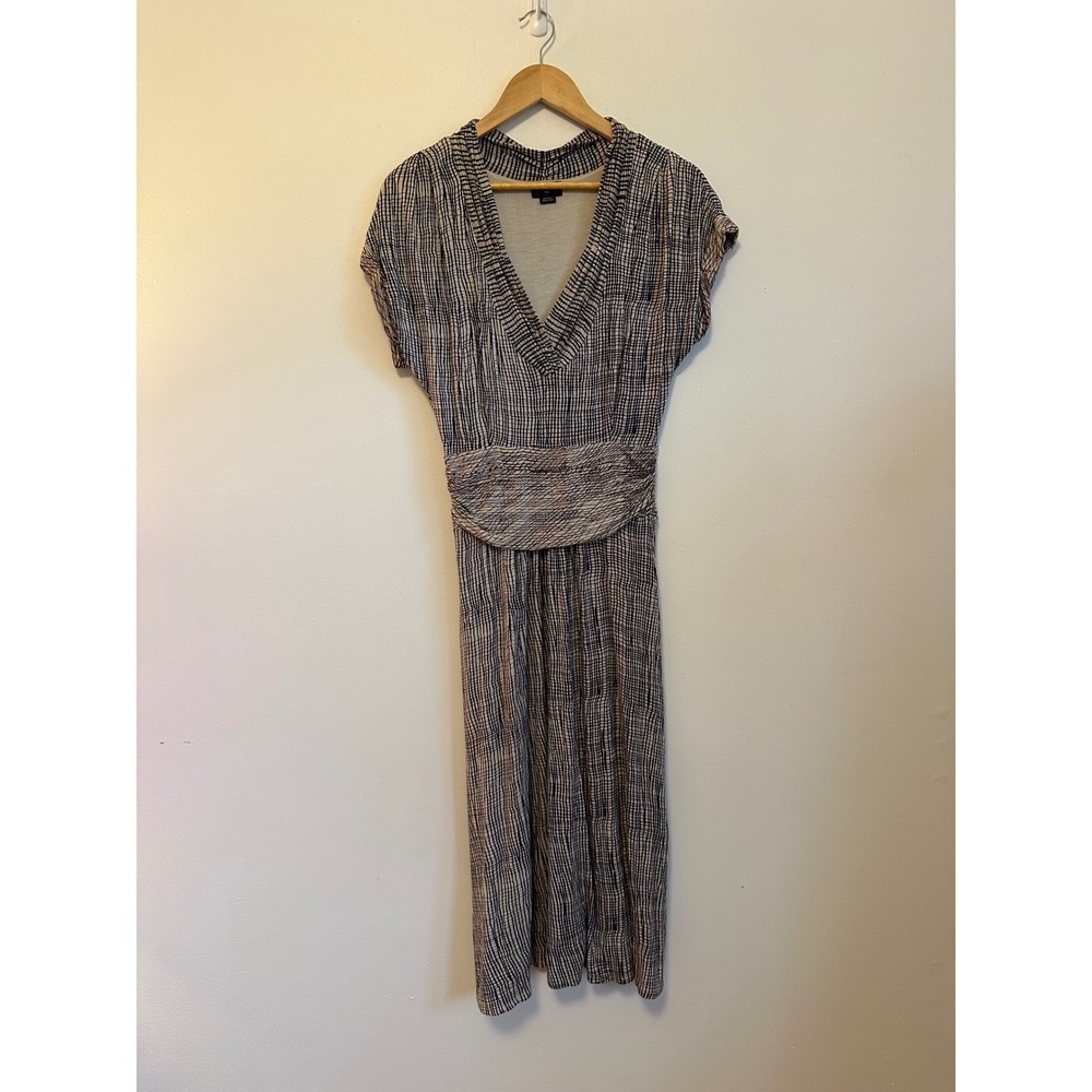 Deletta Anthropologie Navy Cream Grid Ruched Waist V-Neck Midi Dress | Large